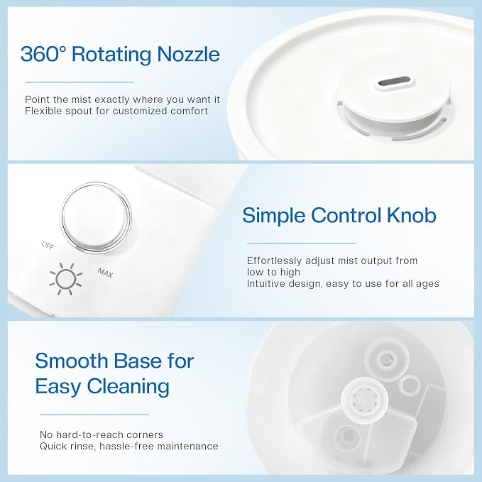 Cool Mist Humidifier for Bedroom, 3L Top Fill Ultrasonic Air Humidifier with Adjustable Knob Control, Quiet Operation, Auto Shut-Off, BPA-Free for Home, Baby, Office, Plants 3L