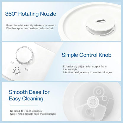 Cool Mist Humidifier for Bedroom, 3L Top Fill Ultrasonic Air Humidifier with Adjustable Knob Control, Quiet Operation, Auto Shut-Off, BPA-Free for Home, Baby, Office, Plants 3L