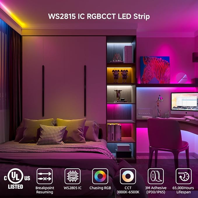 BTF-LIGHTING WS2805 IC RGBCCT UL Listed 16.4FT 60LED/m 10Pixel/m DC24V IP65 | Addressable Dual Data LED Strip 5050SMD 5 Colors in 1 Chasing Color RGB+CCT 3000K-6500K(No Adapter or Controller)