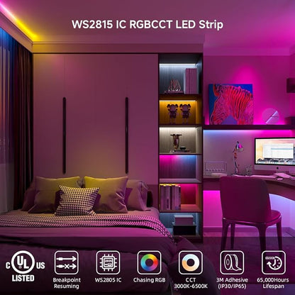 BTF-LIGHTING WS2805 IC RGBCCT UL Listed 16.4FT 60LED/m 10Pixel/m DC24V IP65 | Addressable Dual Data LED Strip 5050SMD 5 Colors in 1 Chasing Color RGB+CCT 3000K-6500K(No Adapter or Controller)