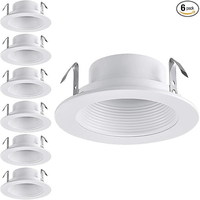 TORCHSTAR 4 Inch Classic White Recessed Light Trim, Metal Step Baffle Trim, Fit Halo/Juno Remodel Recessed Housing, 4 Inch Can Light Trim for PAR16, PAR20, BR20, White, Pack of 6