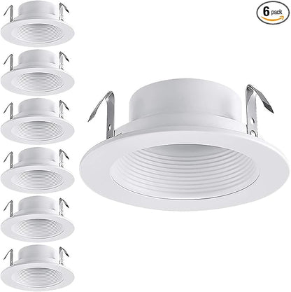 TORCHSTAR 4 Inch Classic White Recessed Light Trim, Metal Step Baffle Trim, Fit Halo/Juno Remodel Recessed Housing, 4 Inch Can Light Trim for PAR16, PAR20, BR20, White, Pack of 6