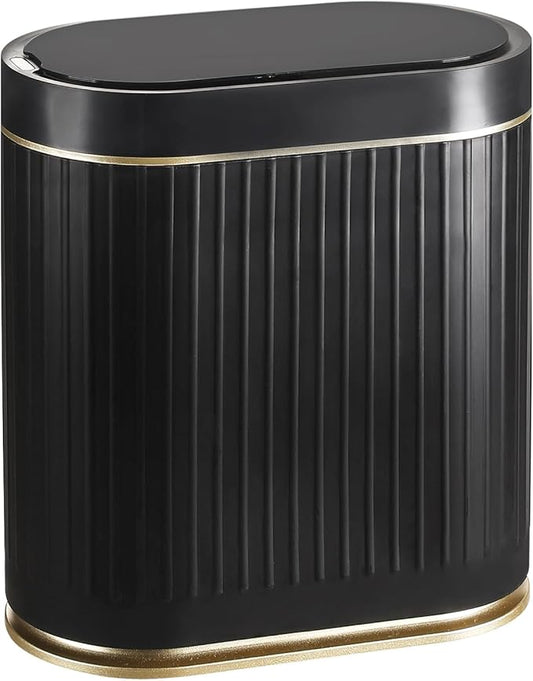 ELPHECO Bathroom Trash Can 2 Gallon Plastic Smart Garbage Can Waterproof Wastebasket Bathroom Decor Narrow Garbage Bin with Automatic lid for Bedroom, Kitchen, Office, Black Gold