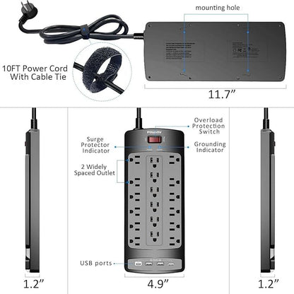 18 Outlets Surge Protector Power Strip - 10 Feet Flat Plug Heavy Duty Extension Cord with 18 Widely Outlets and 4 USB Ports, 2100 Joules, Black, ETL Listed