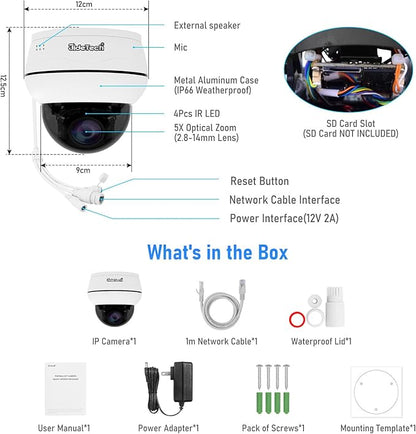JideTech 10X Hybrid Zoom Outdoor 4K PTZ PoE IP Dome Camera, Auto Tracking, Pan Tilt Security Camera with IR Night Vision, Human/Vehicle Detection, Two Way Talk, SD Card Slot,IP66, for Onvif NVR