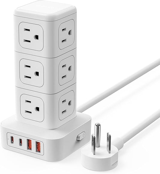 ORICO Tower Power Strip with Surge Protection, Charging Station Tower with 12 AC Outlets 4 USB Ports (2 USB C), Space Saving Design, 5FT Tower Extension Cord for Home, Office, Dorm - TPP20
