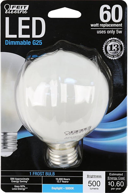 Feit Electric BPG2560/F/850/LED Decorative Frost Glass Filament LED Dimmable 60W Equivalent Daylight G25 Globe Light Bulb, White, 4.3"" h x 3.1"" d