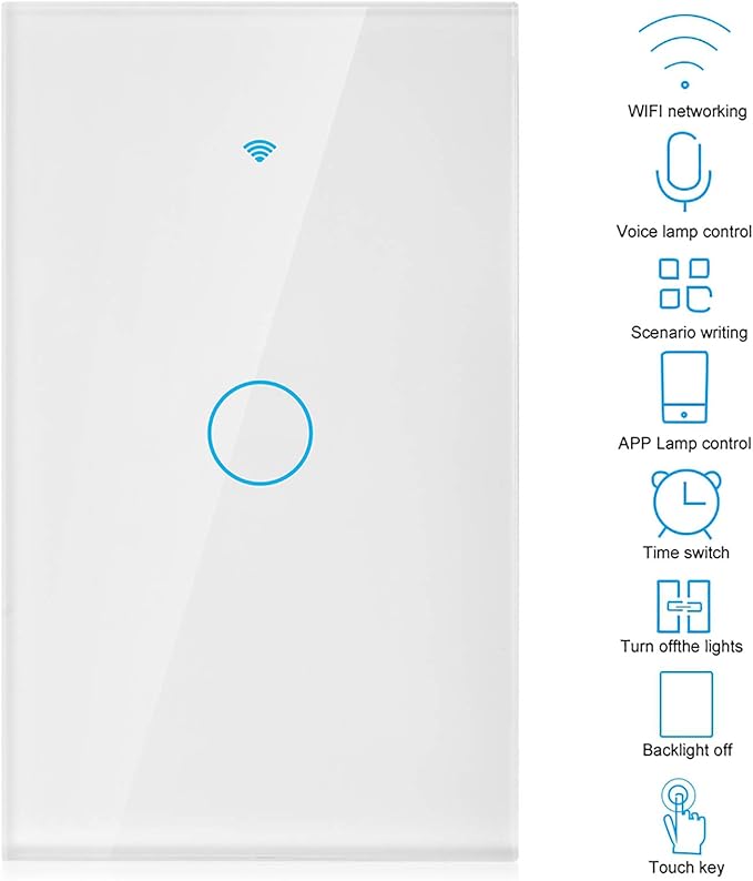 Wi-Fi Wall Switch, WiFi Remote Control Switch WiFi Touch Screen Switch Single Circle for Alexa for 1‑Way AC 90‑250V (White)