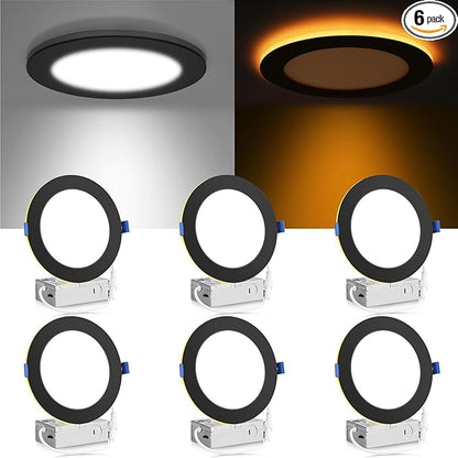 Meconard 6 Pack 6 Inch 5CCT LED Recessed Ceiling Light with Night Light, 2700K/3000K/3500K/4000K/5000K Selectable Ultra-Thin Lighting, 12W=110W, 1050LM, Dimmable Canless Wafer Downlight, Black Trim