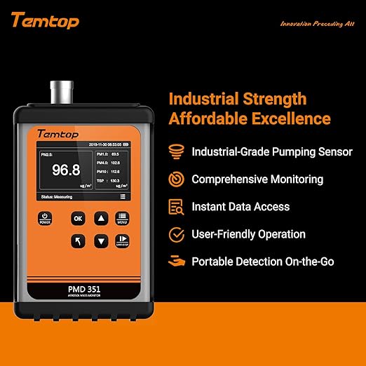Temtop PMD351 Professional Aerosol Mass Monitor - Handheld Particle Counter for PM1.0, PM2.5, PM10, TSP - 0.3μm-10μm Laser Dust Detector with 2.83L/min German Pump, RS-485 Modbus & 32GB Data Logger