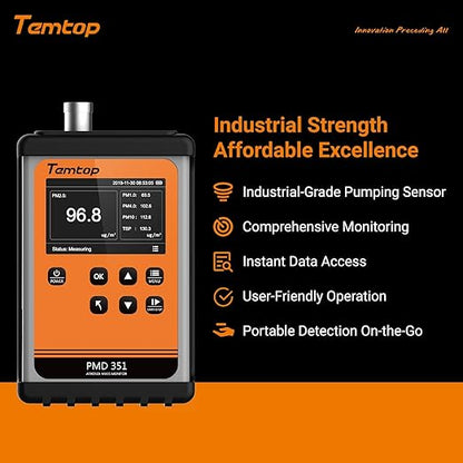 Temtop PMD351 Professional Aerosol Mass Monitor - Handheld Particle Counter for PM1.0, PM2.5, PM10, TSP - 0.3μm-10μm Laser Dust Detector with 2.83L/min German Pump, RS-485 Modbus & 32GB Data Logger