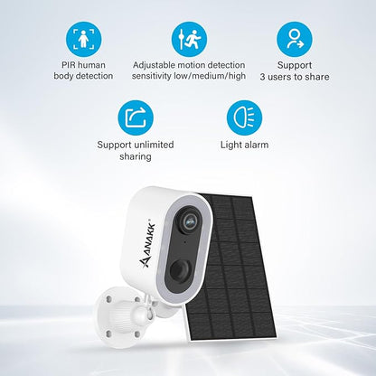 Solar Security Cameras System Wireless Outdoor, 1 Camera Home Surveillance, Color Night Vision, 24/7 Recording, Motion Detection, Weatherproof