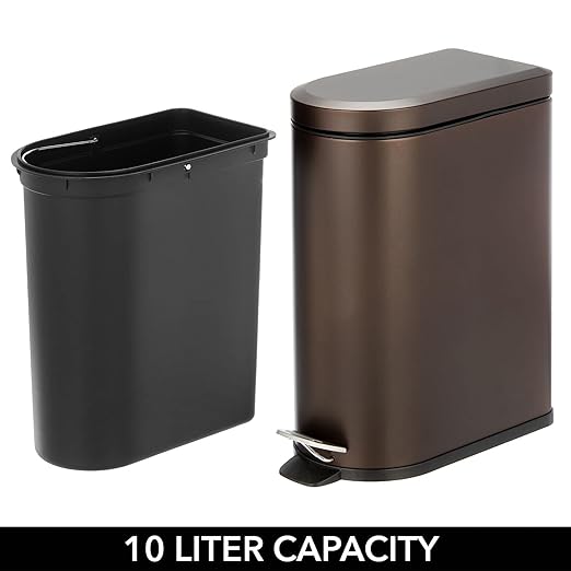 mDesign Small 2.6 Gallon/10 Liter Stainless Steel Metal Step Trash Can Garbage Bin for Bathroom, Bedroom, Home Office, D-Shape Trashcan with Foot Pedal/Lid, Removable Liner Bucket with Handles, Bronze
