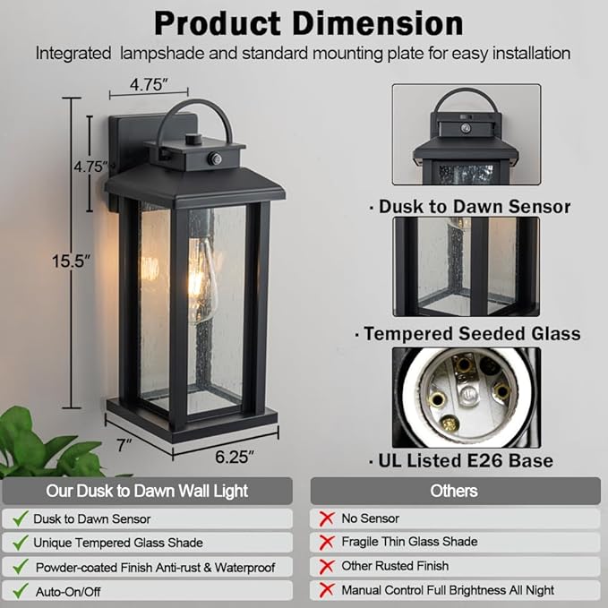 2-Pack 15.5 Inch Large Dusk to Dawn Outdoor Lighting, Matte Black Porch Lights Outdoor Light Fixture with Clear Seeded Glass, Waterproof Anti-Rust Exterior Lighting Fixtures for House