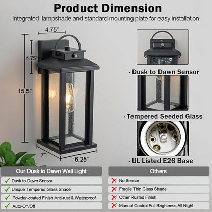 2-Pack 15.5 Inch Large Dusk to Dawn Outdoor Lighting, Matte Black Porch Lights Outdoor Light Fixture with Clear Seeded Glass, Waterproof Anti-Rust Exterior Lighting Fixtures for House