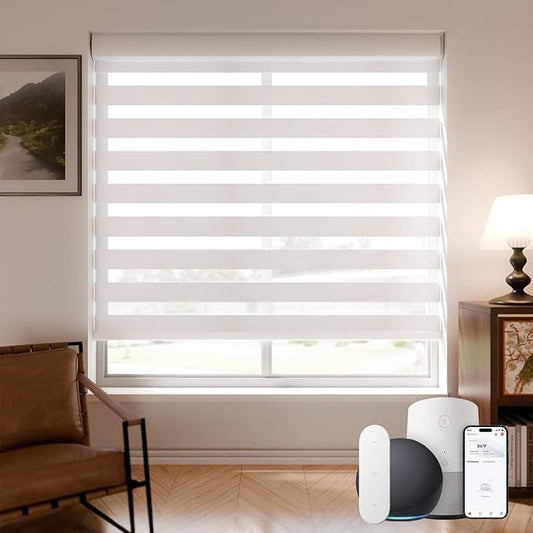 Motorized Zebra Blinds Smart Blinds with Remote Electric Shades for Indoor Windows Light Filtering Automatic Dual Layer Horizontal Shades Compatible with Google Alexa White 27" W X 72" H