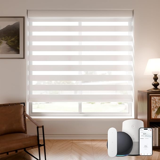 Motorized Zebra Blinds Smart Blinds with Remote Electric Shades for Indoor Windows Light Filtering Automatic Dual Layer Horizontal Shades Compatible with Google Alexa White 46" W X 72" H