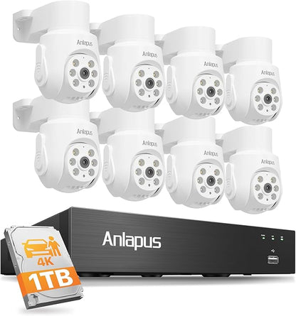 Anlapus 4K Wired Security Camera System with Audio, 8pcs 8MP 360° Pan/Tilt Outdoor Indoor Cameras, Human Vehicle Detection, Night Vision, 8CH Surveillance CCTV DVR with 1TB HDD for 24/7 Recording