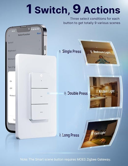 MOES Wireless Zigbee Smart Scene Button, Needs MOES Zigbee Hub, 9-Action | 365-Day Battery, Magnetic Base Sticks to Metal