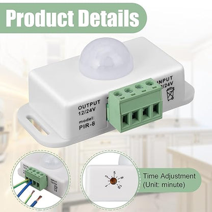 6 Pack 12V 24V PIR Sensor LED Motion Sensor Motion Detector Light Switch Body Infrared Sensing Timer Function Sign Control PIR Controllerfor Flexible LED Strip Lights(White)
