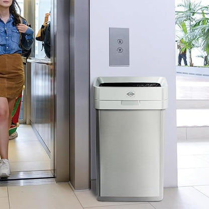 Clorox 13 Gallon Trash Can - 50L Slim Open Top Garbage Bin for Commercial Spaces, Kitchen, Office - Narrow Rectangular Stainless Steel Body with Hinged Rim Protection