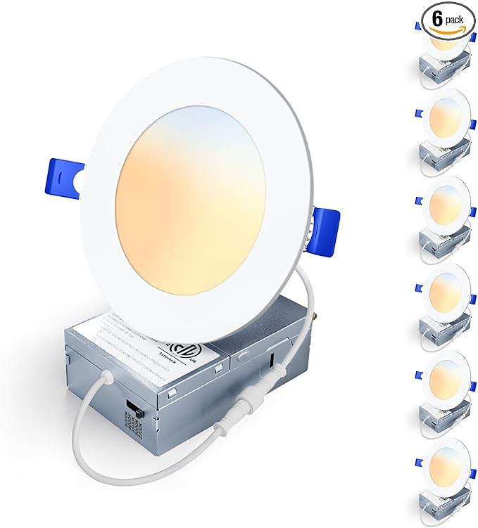 6 Pack 4 Inch 5CCT LED Recessed Light, Silm Canless Recessed Lighting, Dimmable, Damp Rated, 2700K-5000K Selectable, Wafer Ceiling Downlight with Junction Box, 750LM, 9W 120V, ETL&FCC