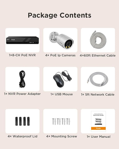 Security Camera System PoE, 4X 4MP Wired Bullet IP Cameras Outdoor Built-in Microphone, AI Human Vehicle Detection, 5MP 8CH NVR (NO HDD), Smart Color Night Vision, PB38F0408-4MD-N