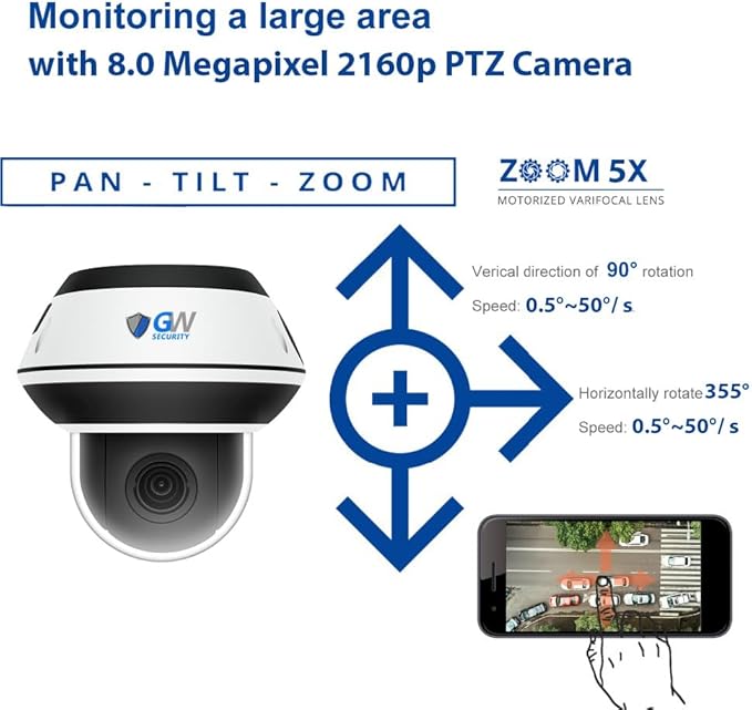 GW Security 8 Channel 12MP NVR with (4) x UHD 8MP 4K IP POE 5X Optical Zoom Motorized Two-Way Audio PTZ Color Night Vision Dome Security Camera System, Face Recognition, Human/Vehicle Detection