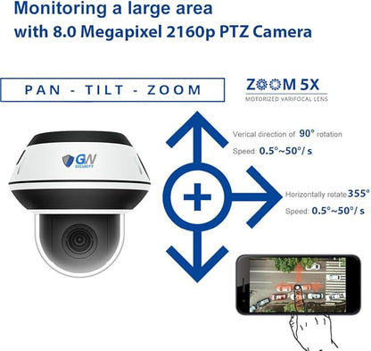 GW Security 8 Channel 12MP NVR with (4) x UHD 8MP 4K IP POE 5X Optical Zoom Motorized Two-Way Audio PTZ Color Night Vision Dome Security Camera System, Face Recognition, Human/Vehicle Detection