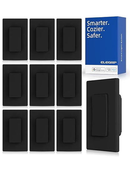 ELEGRP Smart Light Switch, 2.4GHz Wi-Fi Light Switch Compatible with Alexa & Google Assistant, Neutral Wire Required, APP Control and Timer Schedule, UL Certified, Single Pole/3 Way, Black, 10 Pack