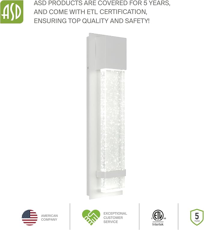 ASD LED 18" Bubble Glass Wall Light Fixture, Outdoor & Indoor Seeded Sconce | 3CCT, Waterproof, Dimmable, ETL Listed | 12W 500LM 3000-5000K 120V | Exterior Lantern, Porch Lighting | White