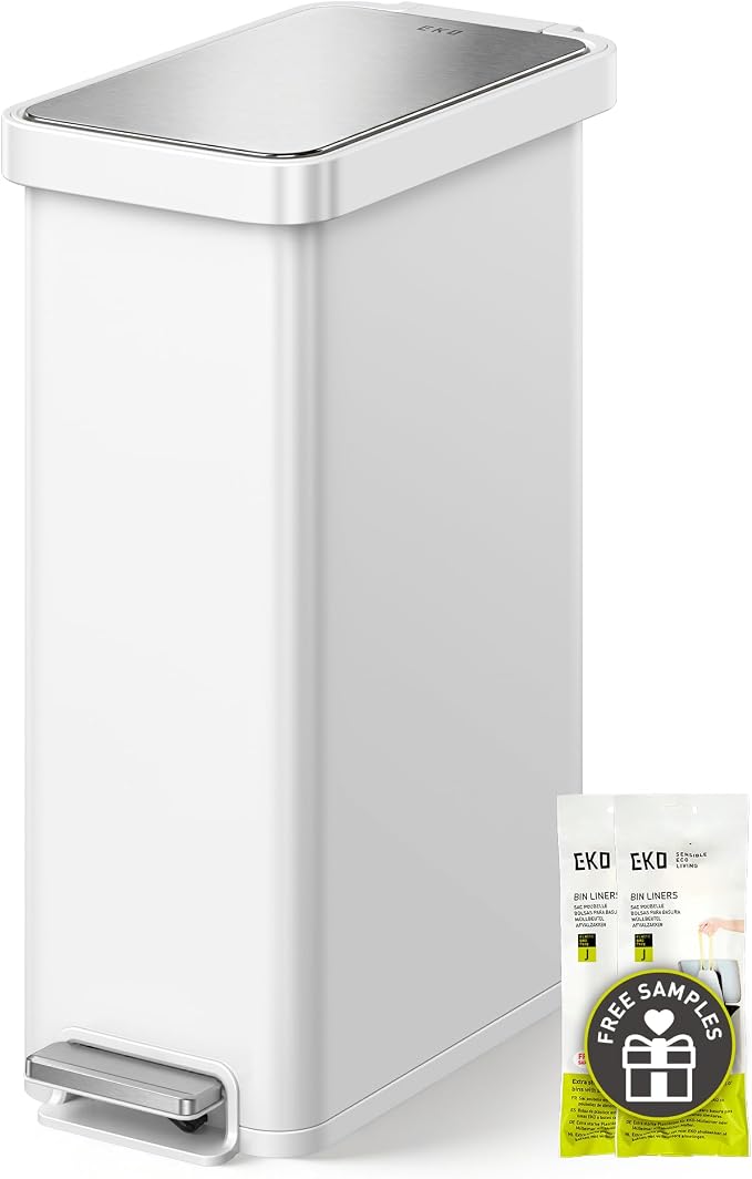 EKO Hudson Slim 50L / 13.2 Gal Stainless Steel Step Trash Can, Matte White