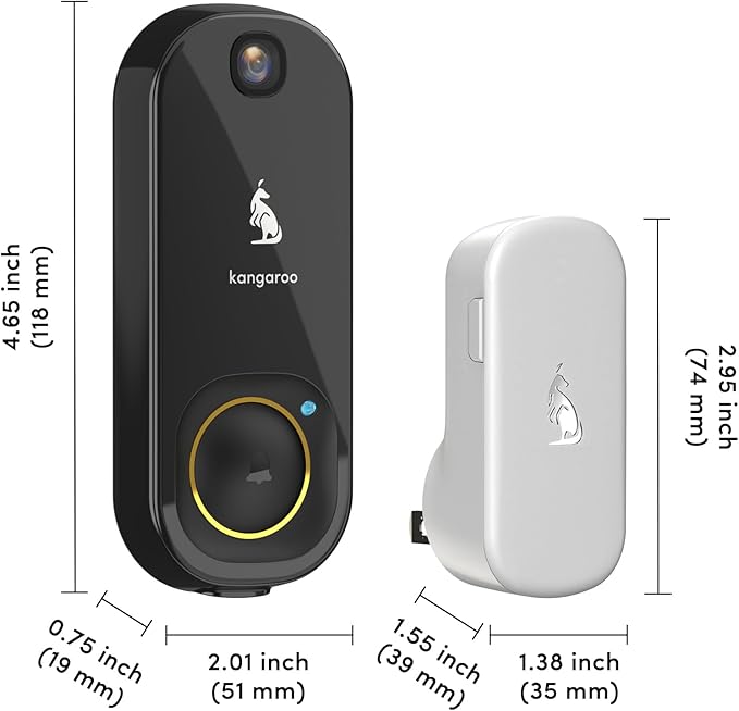 Kangaroo Wireless Doorbell+Chime,HD Camera,Easy Setup,Battery Power,Motion Detection,2.4G WiFi,Real-time Alerts to Phone,Door Bell for Home,Apartment and Office (1 Doorbell+1 Chime)