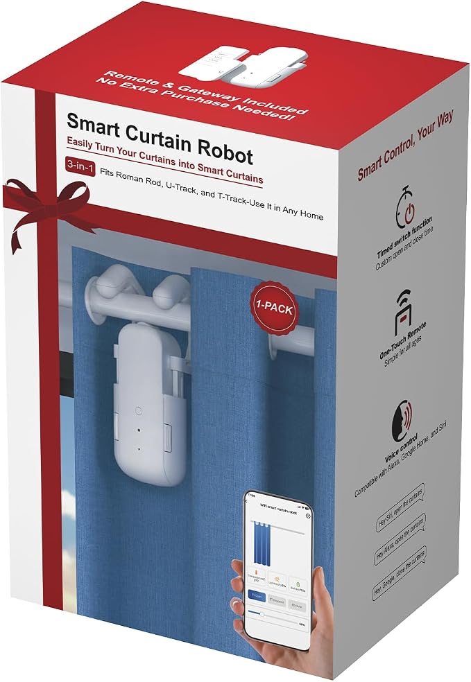 Automatic Curtain Opener with Remote, Gifts for Women and Men, Compatible with Alexa and Google Home, Bluetooth Curtain Opener with App/Timer(For Roman, T/U Tracks - With Remote)