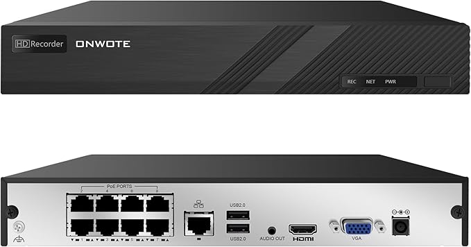 ONWOTE 8 Channel 4K 8MP NVR (Built-in 8 PoE Ports), Motion Detection, 8CH Video Audio Recorder, Only Work with ONWOTE 8MP/ 6MP/ 5MP PoE IP Cameras, 8-CH Synchro Playback (No Hard Drive Included)