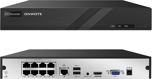 ONWOTE 8 Channel 4K 8MP NVR (Built-in 8 PoE Ports), Motion Detection, 8CH Video Audio Recorder, Only Work with ONWOTE 8MP/ 6MP/ 5MP PoE IP Cameras, 8-CH Synchro Playback (No Hard Drive Included)