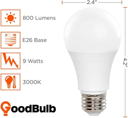 LED A19 Light Bulbs | 9 Watt (60 Watt Equivalent) | E26 Base | Warm White 3000K | EcoSmart Lights | High Output 825 Lumens | Long Term Care Lighting | 6 Pack by GoodBulb