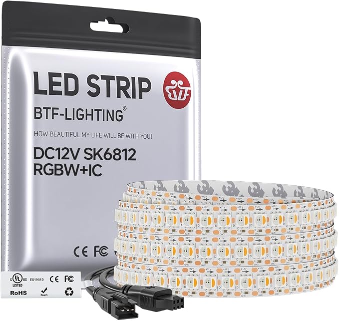 BTF-LIGHTING RGB+Warm White SK6812 LED Strip 3.28FT 144LED IP30 DC12V | RGBW Individually Addressable UL Listed 4 Colors in 1 Light (Similar WS2812B) White PCB(No Adapter or Controller)