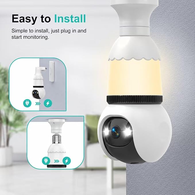 Hawkray Light Bulb Security Camera Wireless Outdoor Indoor-5&2.4GHz Dual Band WiFi,360° Pan-Tilt,2K Color Night Vision,Motion Detection & Siren Alarm,Two-Way Audio