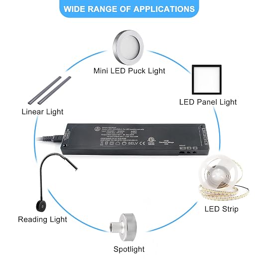 VST 60W LED Power Supply, 100V-240V AC to 12V DC Low Voltage Transformer with 12V JST Ports, Lighting Power Unit for Home Cabinet Use, ETL Listed, Black