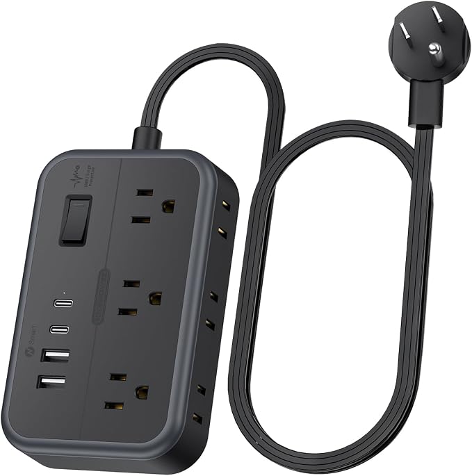 10 in 1Power Strip NTONPOWER Ultra Thin Flat Plug Extension Cord with 4 USB Ports(Include 2 USB C) Surge Protector Power Strip with Flat Cord 6 Widely Spaced Outlet(2 Side) 5 Ft Extension Cord-Black