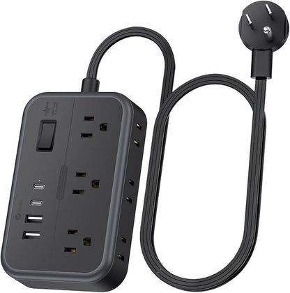 10 in 1Power Strip NTONPOWER Ultra Thin Flat Plug Extension Cord with 4 USB Ports(Include 2 USB C) Surge Protector Power Strip with Flat Cord 6 Widely Spaced Outlet(2 Side) 5 Ft Extension Cord-Black