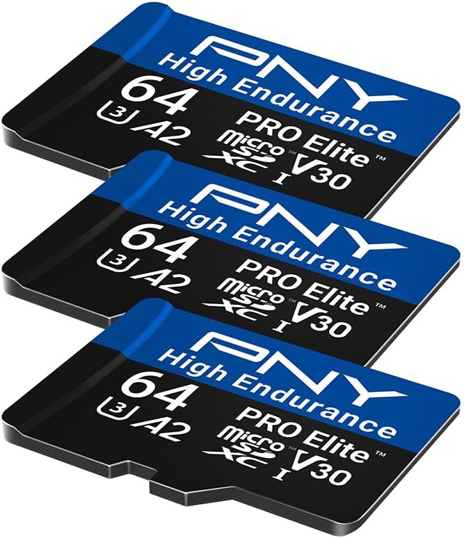 PNY 64GB PRO Elite™ High Endurance C10 U3 V30 A2 microSDXC – Up to 17.2K Continuous Recording Hours, Up to 100MB/s Read, 4K UHD, Full HD, UHS-I, Surveillance, Home Security, Dash Cam, 3-Pack
