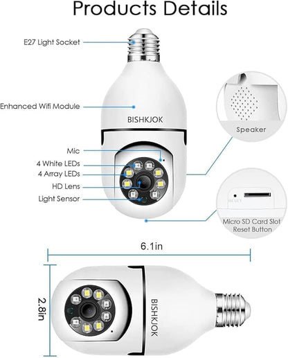 Light Bulb Security Camera TUYA, E27 WiFi Color Night 360 Degree Pan/Tilt Panoramic IP Camera, 2.4GHz 1080P Smart Home Surveillance Kids Cam with Motion Detection Alarm Night Vision Two Way Talk