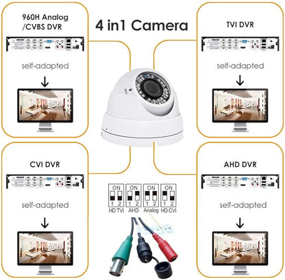 Analog CCTV Camera HD 1080P 4-in-1 (TVI/AHD/CVI/CVBS) Security Dome Camera Outdoor, 2.8mm-12mm Manual Focus/Zoom Varifocal Lens, Weatherproof Metal Housing 36 IR-LEDs Day & Night Monitoring (White)