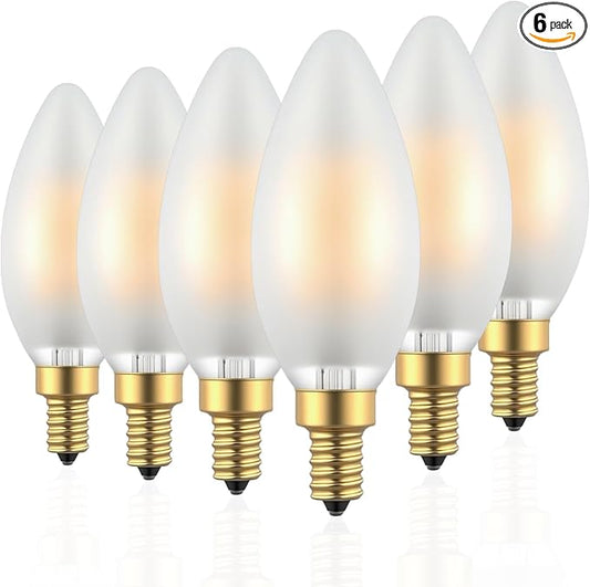 Type B/B11 E12 LED Filament Bulb, 4W/40W Equivalent 3000K Warm White – Frosted Glass, Dimmable, Ideal for Chandeliers & Ceiling Fans, 6-Pack (3000K)