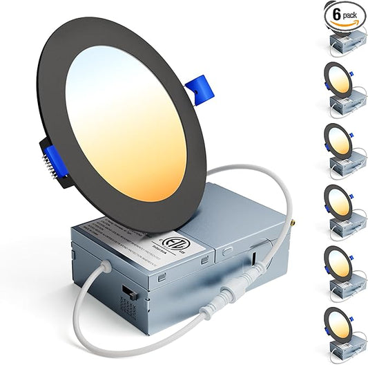 Ensenior 6 Pack 4 Inch LED Recessed Light, Dimmable, 2700K-5000K 5CCT, 750LM High Brightness, 9W 120V, Damp Rated, Ultra-Thin Canless Wafer Light, Black - ETL & FCC & IC