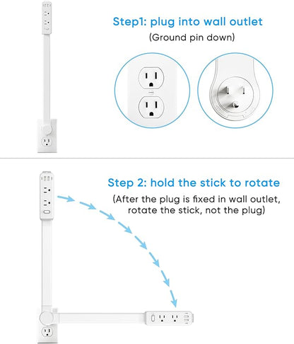 Olcorife Outlet Extender Stick, Power Strip with 6 Outlets & 4 USB Ports, Extends 22"-34", Rotates 180°(90° per Side), Home Dorm Essential for Nightstand, Couch and Desk