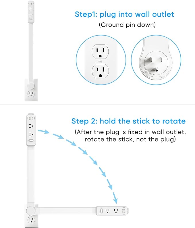 Olcorife Outlet Extender Stick, Power Strip with 6 Outlets & 4 USB Ports, Extends 22"-34", Rotates 180°(90° per Side), Home Dorm Essential for Nightstand, Couch and Desk (Pack of 2)