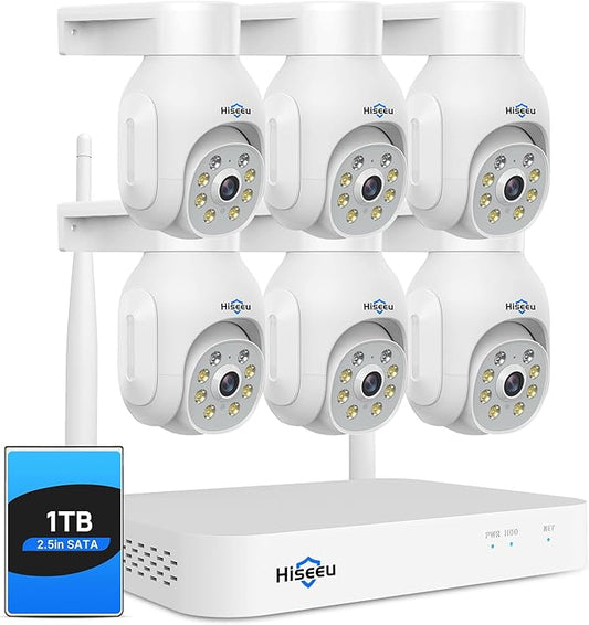 Hiseeu 5MP Wireless PTZ Security Camera System, Indoor Outdoor IP66 Waterproof WiFi Camera, 4K 10CH NVR, 2-Way Audio, Motion Detection Alarm, 24/7 Surveillance, 1TB Hard Drive (Plug-in Power Supply)
